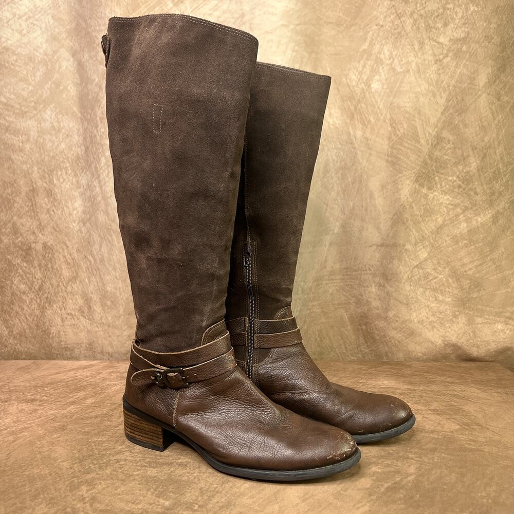 Suede Leather Riding Boots Vintage Y2K Brown Calf High Zip Up Strappy Buckle